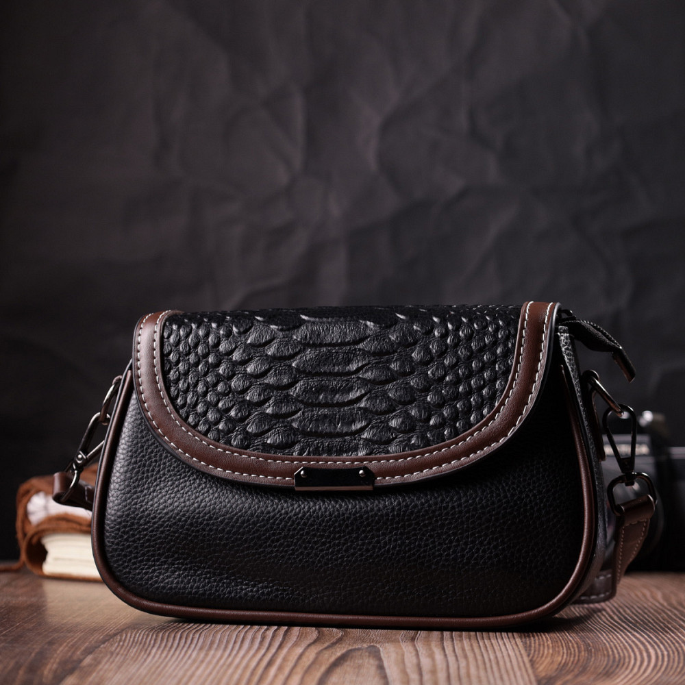 Стильна сумка для жінок з фактурним клапаном із натуральної шкіри Vintage 22374 Чорна Київ - фото 8