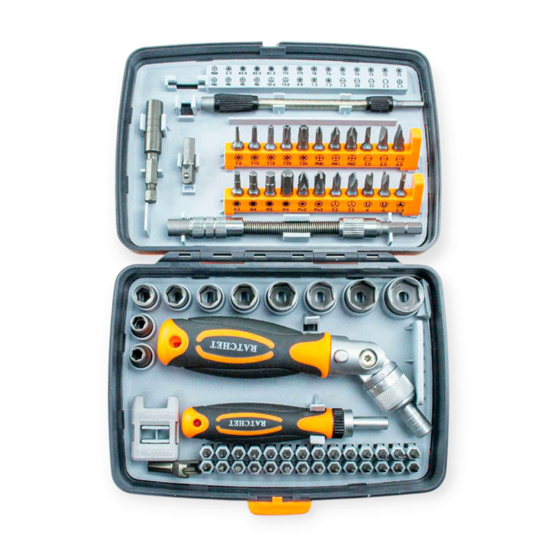 Викрутка з бітами та головками 1/4" 68 шт CrV тріскаточна шарніром, подовжувачі, тріскачка (футляр) Мукачево - фото 1