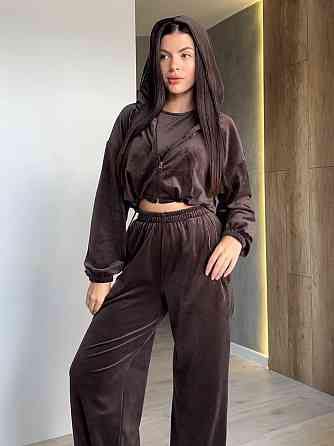 Жіночий прогулянковий костюм-трійка: худі топ і штани велюр плюш Шоколад, 44/46 Одеса