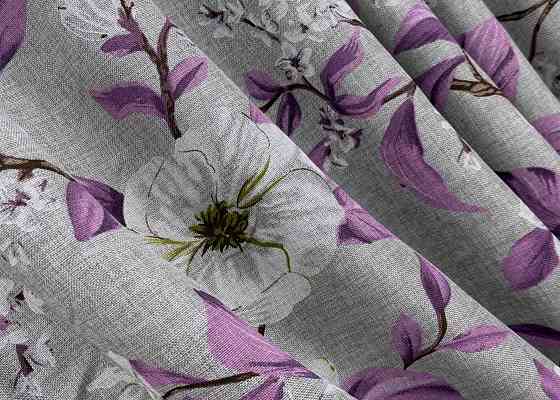 Комплект штор VR-Textil Лен Прованс 150х265 2шт и Тюль 400х265 1820ш-1367т Серый с фиолетовым и белым 71-108/3 Киев