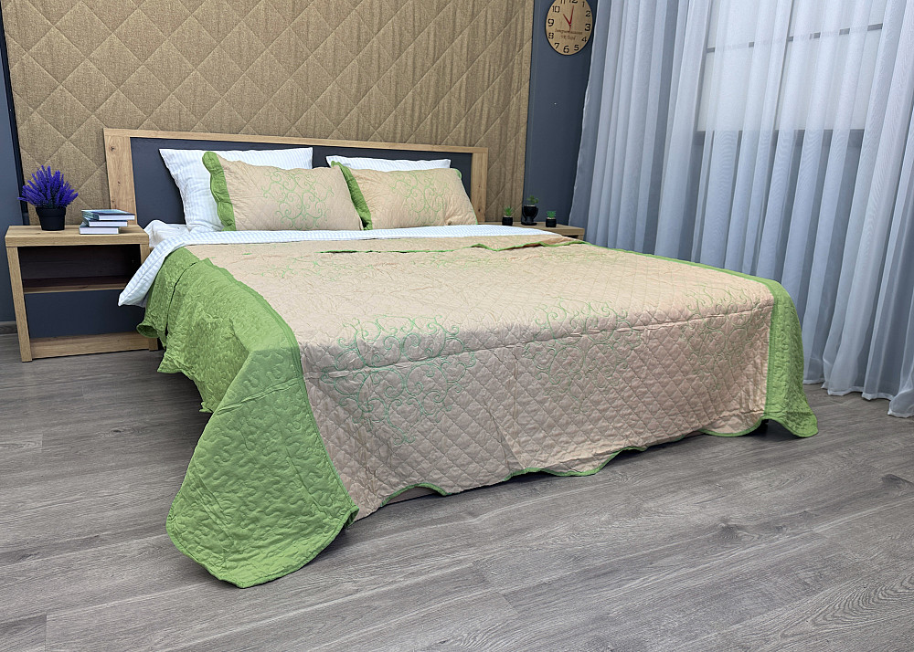 Покривало стьобане з наволочками Expo Trade ромб 220x220 (+-10 см) бежевий з салатовим (85-162) Київ - фото 4