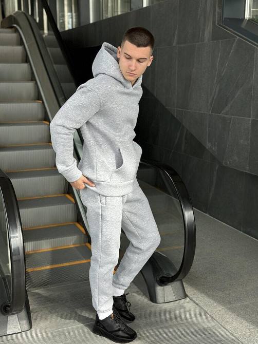 Теплое мужское худи на флисе с капюшоном серое меланжевое Pobedov 008 ЗИМА Киев - изображение 2