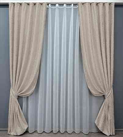 Комплект штор VR-Textil Лен Мрамор 100х270 2шт и Тюль 400х270 1767ш-1276т Бежевый с белым 71-019/2 Киев