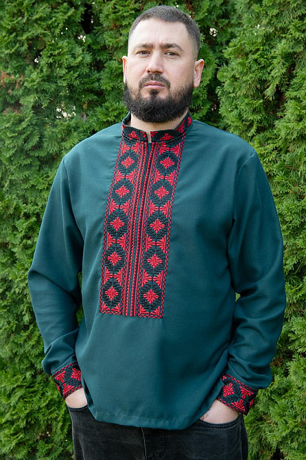 Вышиванка мужская, льняная, с длинным рукавом, изумрудная лен  , топ 62 Киев - изображение 1