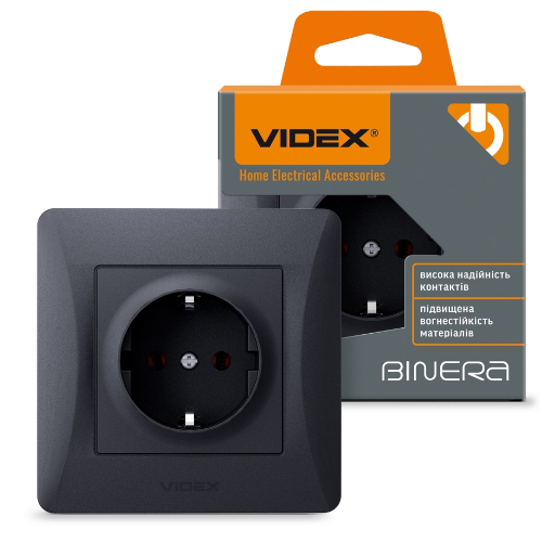 BINERA чорний графіт Розетка внутрішня 1-а із заземленням Videx Житомир