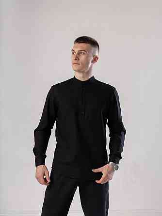 Черная мужская рубашка изо льна casual. Рубашка свободного кроя легкая черная Pobedov Exlnt Киев