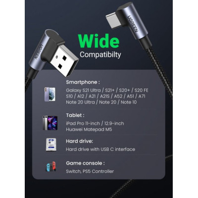Дата кабель USB 2.0 AM to Type-C 1.0m US176 Both Angled 3A (Black) Ugreen (20856) Винница - изображение 8