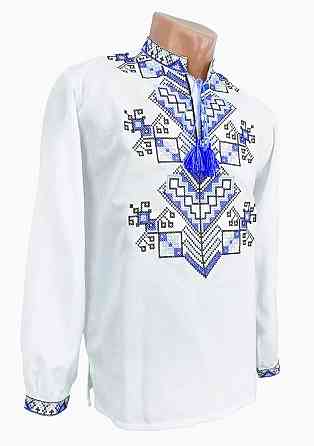 Чоловіча вишиванка на довгий рукав з орнаментом Дерево життя блакитна нитка Київ