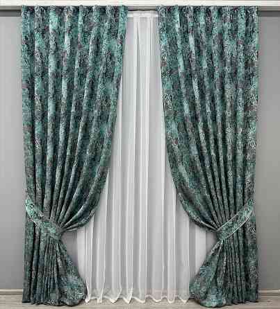 Комплект готовых штор VR-Textil Лен Премиум № 1837ш Серый с бирюзовым 150х295 см 2 шт (33-0825) Киев