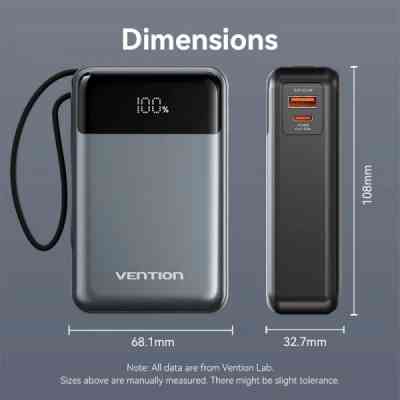 Батарея універсальна Vention 20000mAh 65W 3A PD, QC/3.0, USB-A, Type-C OUT, with Built-in USB-C Cable, LED Display (FHYB0) Вінниця