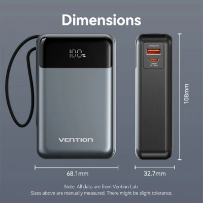 Батарея универсальная Vention 20000mAh 65W 3A PD, QC/3.0, USB-A, Type-C OUT, with Built-in USB-C Cable, LED Display (FHYB0) Винница - изображение 3
