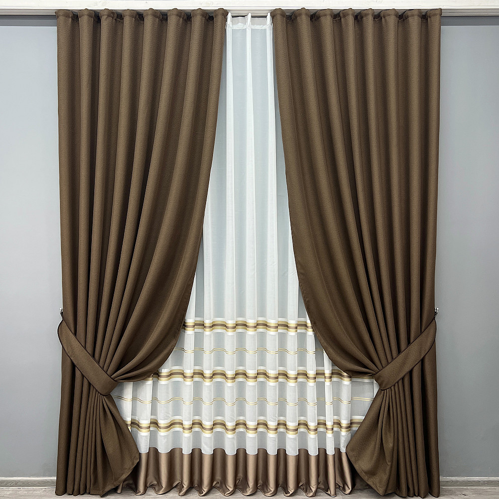 Комплект штор VR-Textil Льон Мішковина 100х270 2шт і Тюль 300х270 277ш-1579т Коричневий з молочним 71-159/1 Київ - фото 1