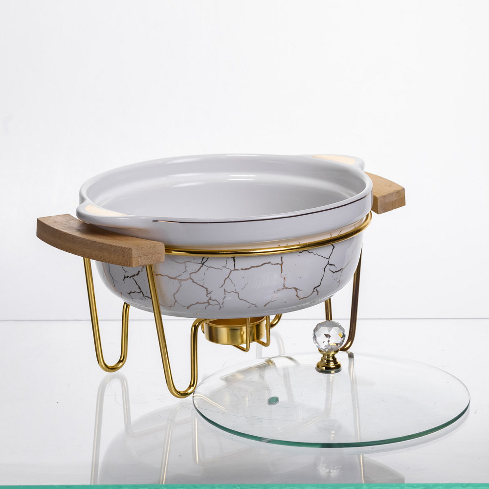 Круглий фарфоровий мармит з підігрівом, 800 мл, білий мрамор Київ - фото 2