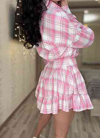 Жіночий стильний костюм-двійка: сорочка та спідниця в клітинку бавовна тіар Рожевий, 50/52 Одеса