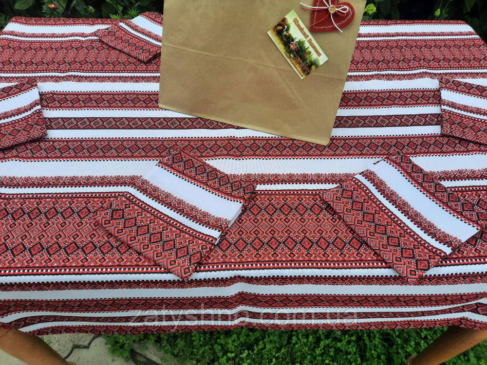 Червона скатертина з серветками машинна вишивка 230*140 Київ - фото 2