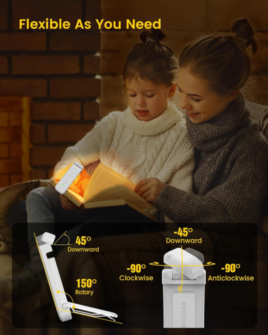 Лампа для читання книг Glocusent USB, 3 температури світла, 5 рівнів яскравості, акумулятор 500 мА·год, кліпса, біла Київ - фото 6