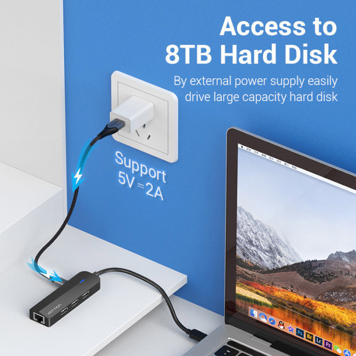 Хаб адаптер перехідник Vention USB-C - USB 3.0*3 / RJ45 / Micro-B HUB 0.15M Black ABS Type TGPBB Одеса - фото 4
