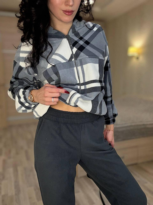 Женский прогулочный теплый костюм: кофта в клетку и штаны турецкий двусторонний флис Графит, 42/44 Одесса - изображение 5
