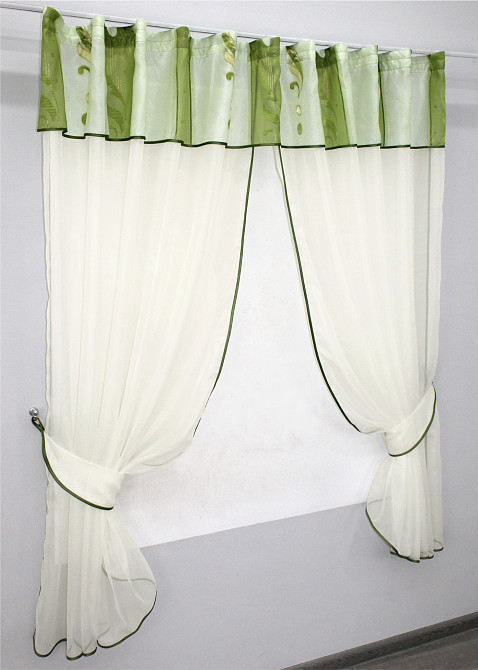 Кухонні штори VR-Textil № 084к з ламбрекеном і підв'язками молочний з салатовим 280х170 см (59-750) Київ - фото 2