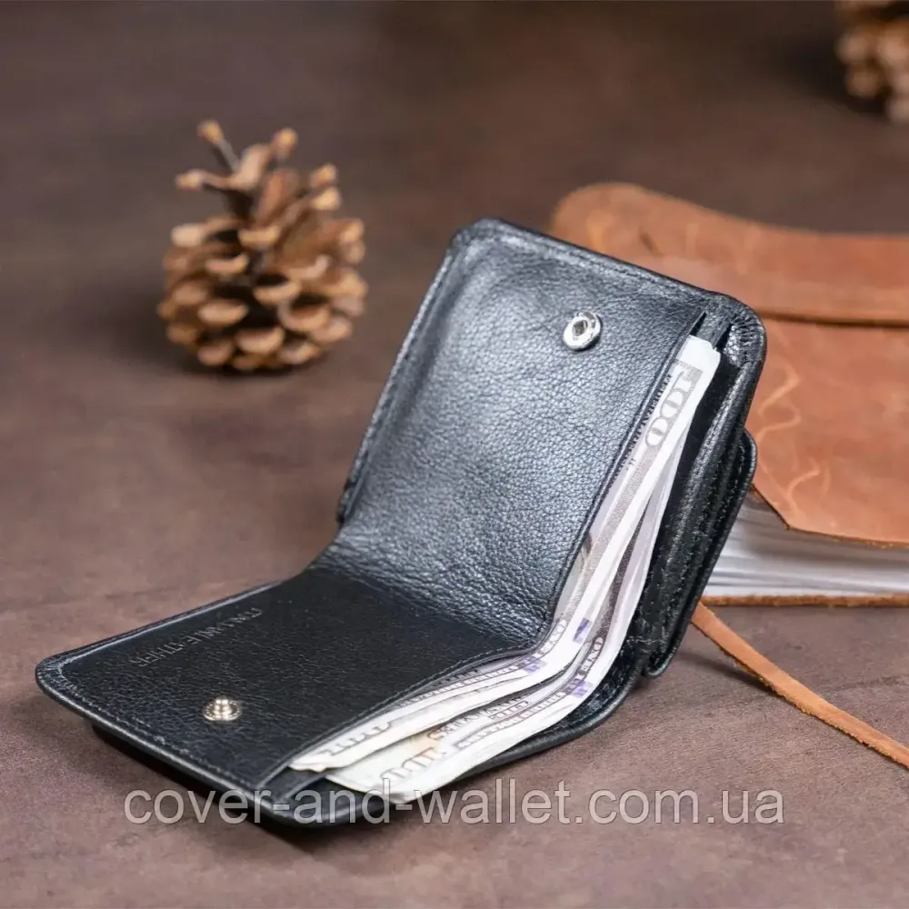 Маленький универсальный кожаный кошелек для мужчин и женщин черного цвета ST 005 Киев - изображение 3