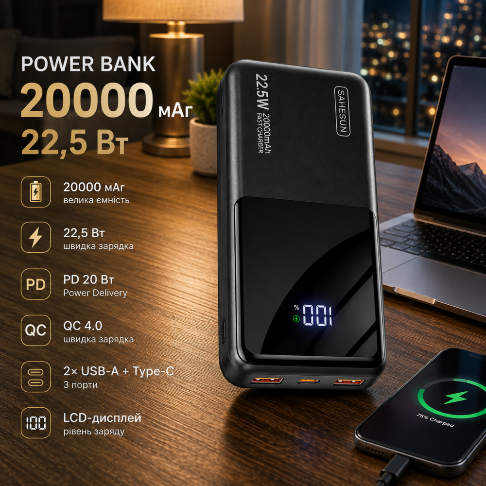 Power Bank 20000 мАч 22,5 Вт, быстрая зарядка PD 20 Вт, QC 4.0, USB-A + Type-C, 3 порта, LCD-дисплей Киев - изображение 1