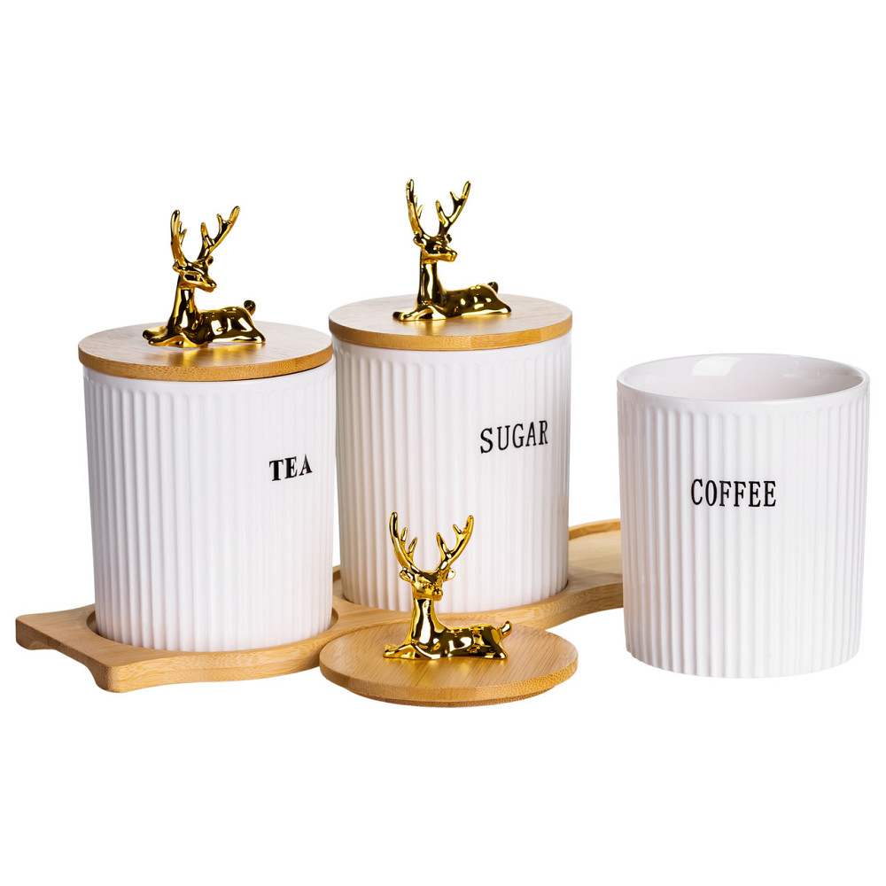 Yiwu Набір порцелянових банок для сипучіх на бамбуковій підставці 3 шт. по 400 мл для чаю кави Коломия - фото 3