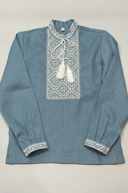 Вышиванка для мальчика Голубой лен с белым орнаментом Сумы - изображение 1