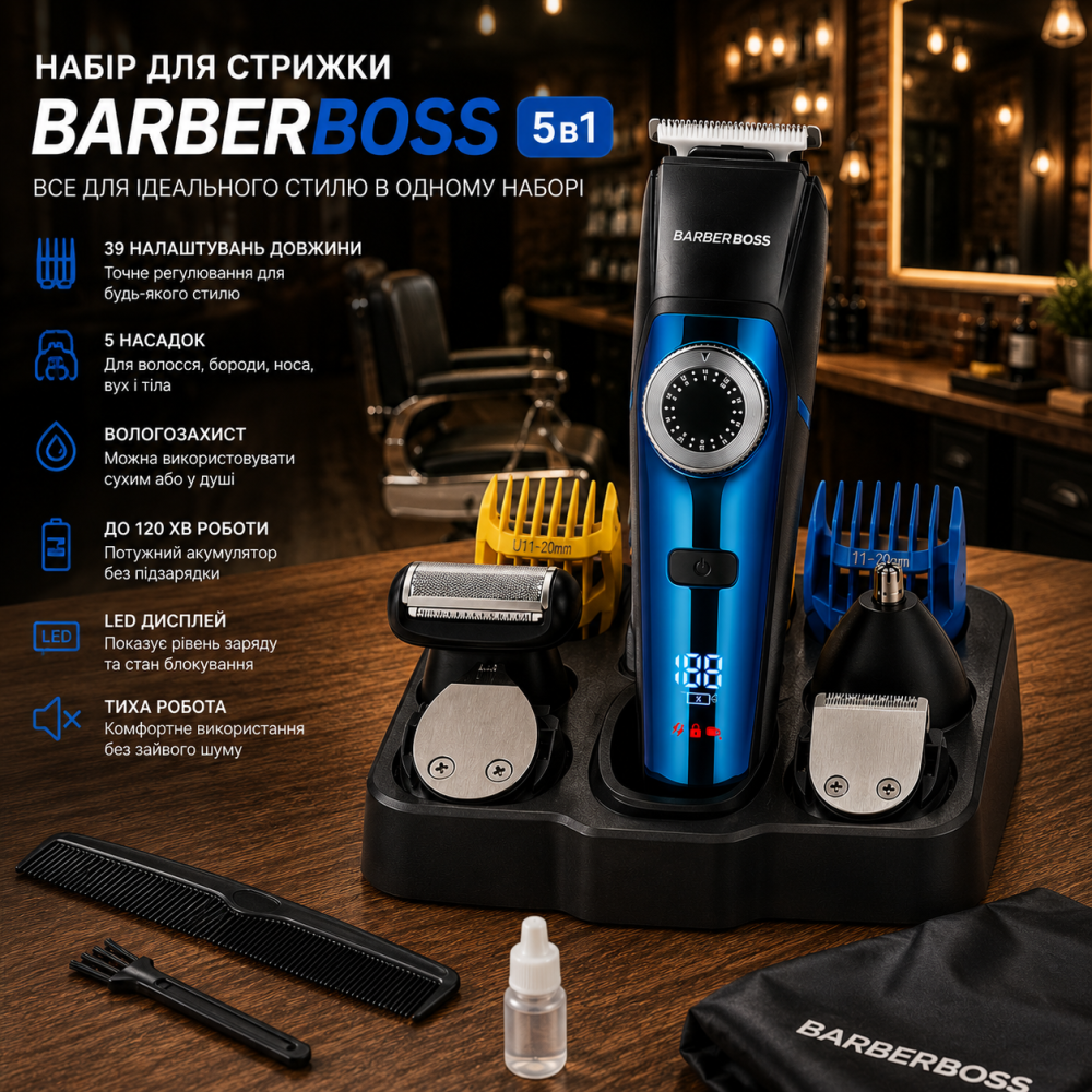 Уцінка Набір для стрижки BarberBoss 5 в 1, машинка для стрижки волосся, тример для бороди, носа, вух і тіла, 39 налаштувань Київ - фото 7