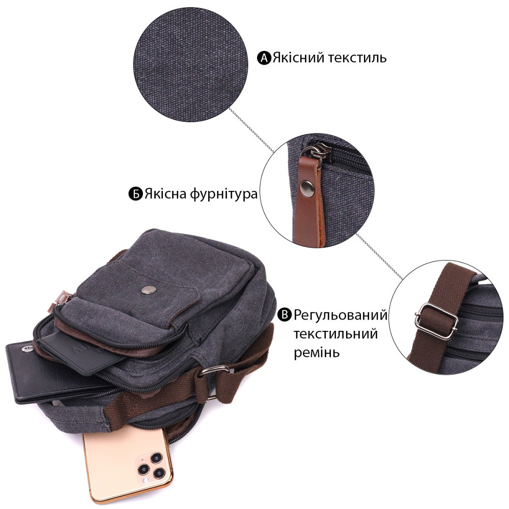 Компактная мужская сумка из плотного текстиля Vintage 22218 Черный Киев - изображение 4