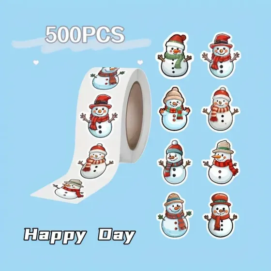 Рождественские наклейки Снеговики 500 шт – рулон самоклеящихся стикеров для упаковки и декора Киев
