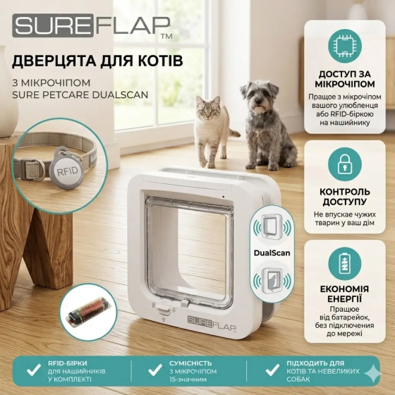Дверцята SureFlap DualScan для котів з мікрочіпом, контроль входу та виходу, пам'ять 32 тварини, отвір 120×142 мм Київ