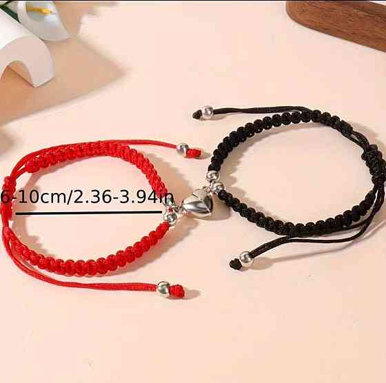 Парні браслети для закоханих з серцем, браслети для пари червоний та чорний, регульовані браслети дружби Київ