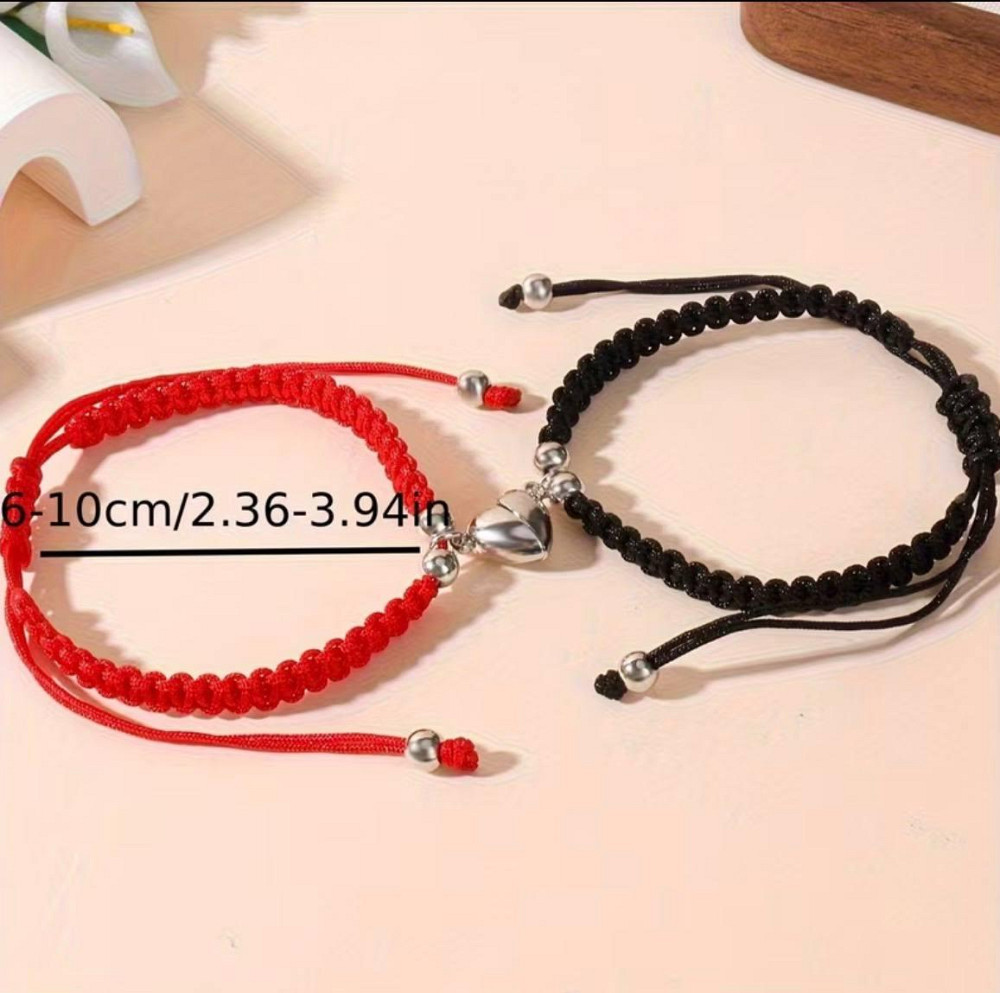 Парні браслети для закоханих з серцем, браслети для пари червоний та чорний, регульовані браслети дружби Київ - фото 3