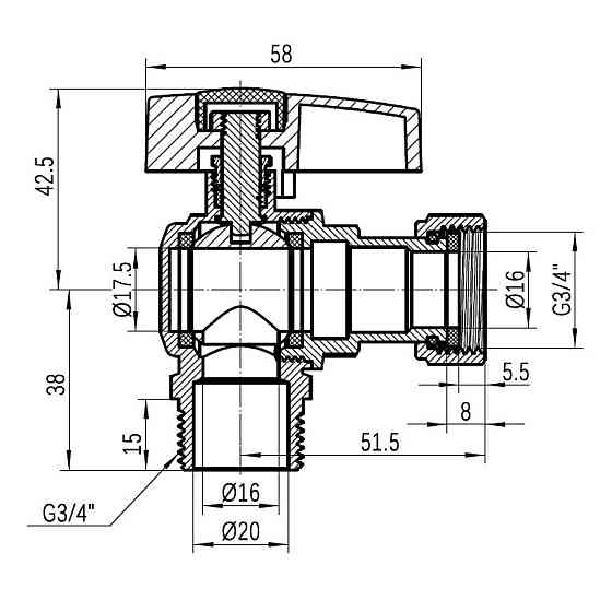 Кран кульовий Thermo Alliance Standart 3/4" ВН кутовий, PN40, з накидною гайкою TAS224W20 Київ